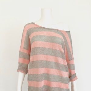 Pink gray strip sweater tunic w/ lace back detail
